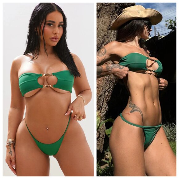 NWT Fashion Nova Bamboo Forests Green Bandeau Cut Out Beaded 2 Piece Bikini Set - Picture 1 of 5